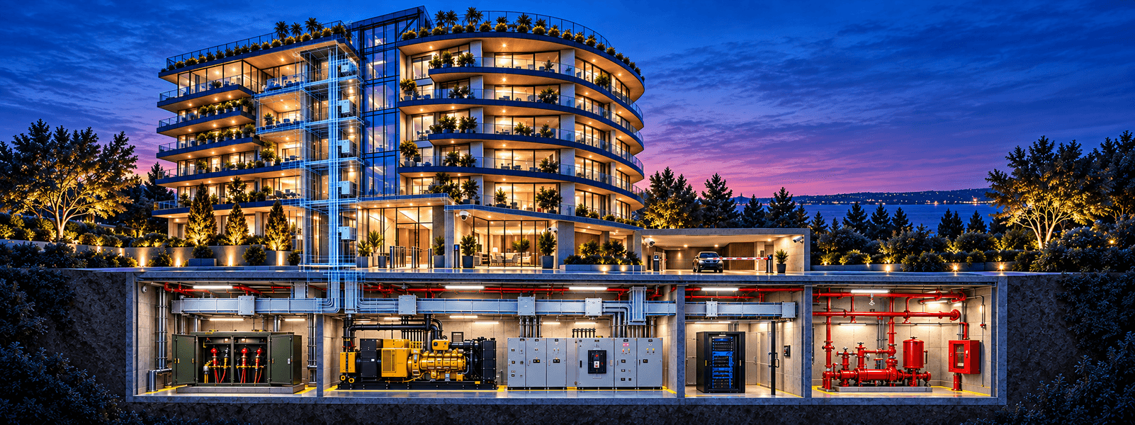 Montview+ building at dusk