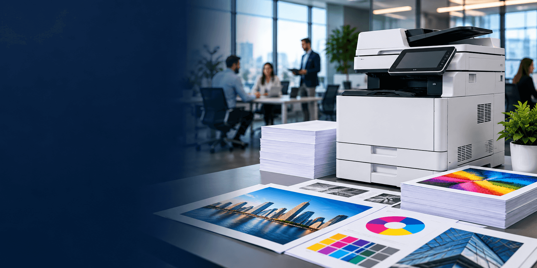 Multifunction printer in an office with color prints