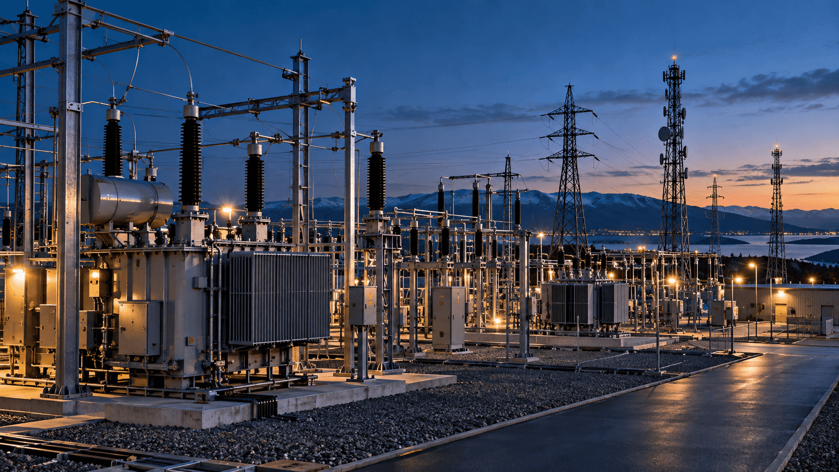 Electrical substation at dusk