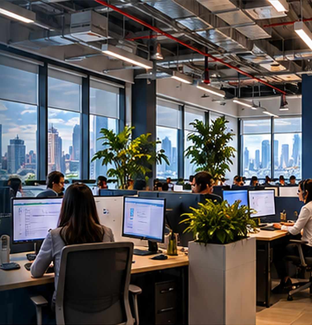 Oficina corporativa con puestos de trabajo y vista a la ciudad