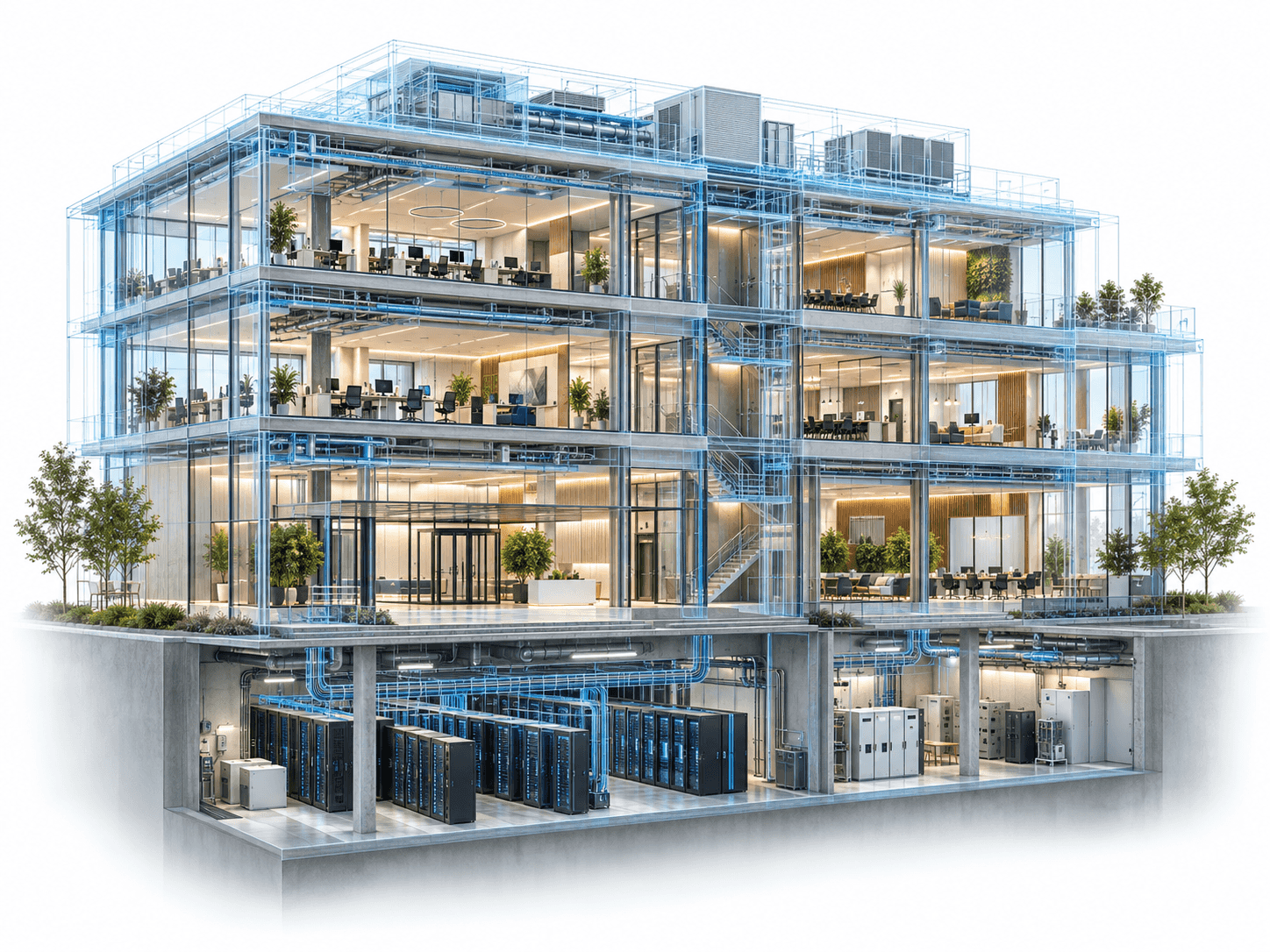 Corte de un edificio integrado: oficinas, cableado, data center y cuarto eléctrico